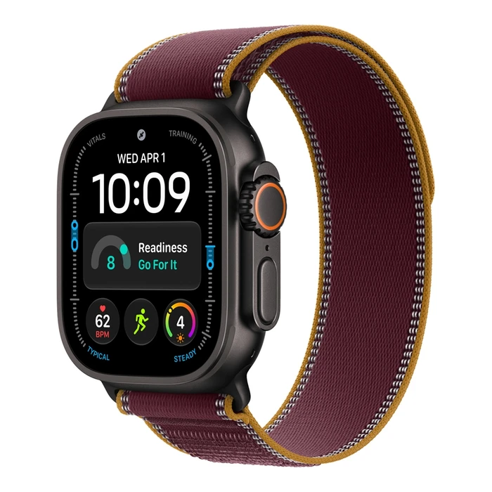 Умные часы Apple Watch Ultra 4 49 мм, корпус чёрный титан (Black Titanium), ремешок Trail Loop бордовый (Burgundy) S/M